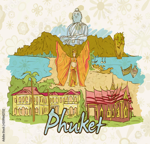 Hand drawn illustration of famous Bhutan landmarks, architecture, culture, and nature.