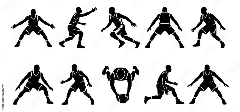 Obraz premium Basketball Player Defensive Stance Silhouettes, Lateral Slide and Guarding Poses Vector Set