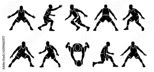 Foto Basketball Player Defensive Stance Silhouettes, Lateral Slide and Guarding Poses