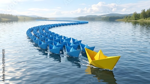 Paper boats float across a serene lake as one yellow leader guides them.