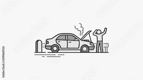Fotografie Creative Line Drawing of a Person Celebrating Near a Broken Down Car at a Chargi