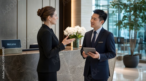 Professional Hotel Staff and Concierge Discussing Service at a Modern Luxury Reception Desk in Lobby