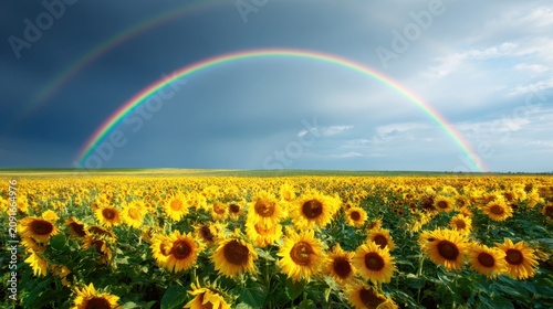 Vibrant Sunflower Field Under a Majestic Rainbow with Dramatic Clouds and Bright Blue Sky