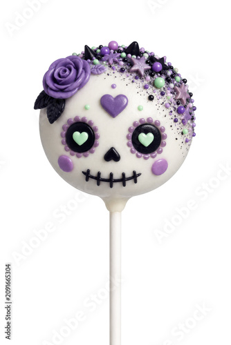 Floral skull cake pop isolated on white, Halloween decor element.