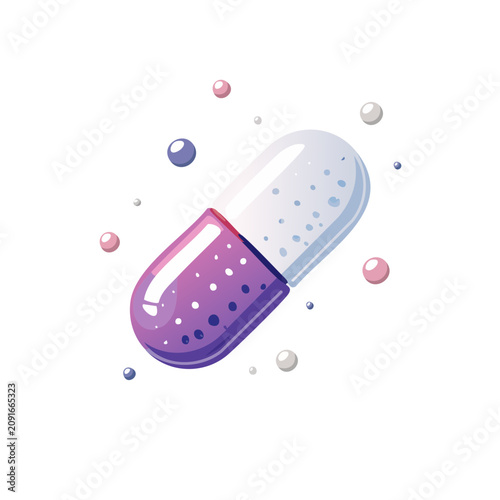 Purple and blue medical capsule with particles