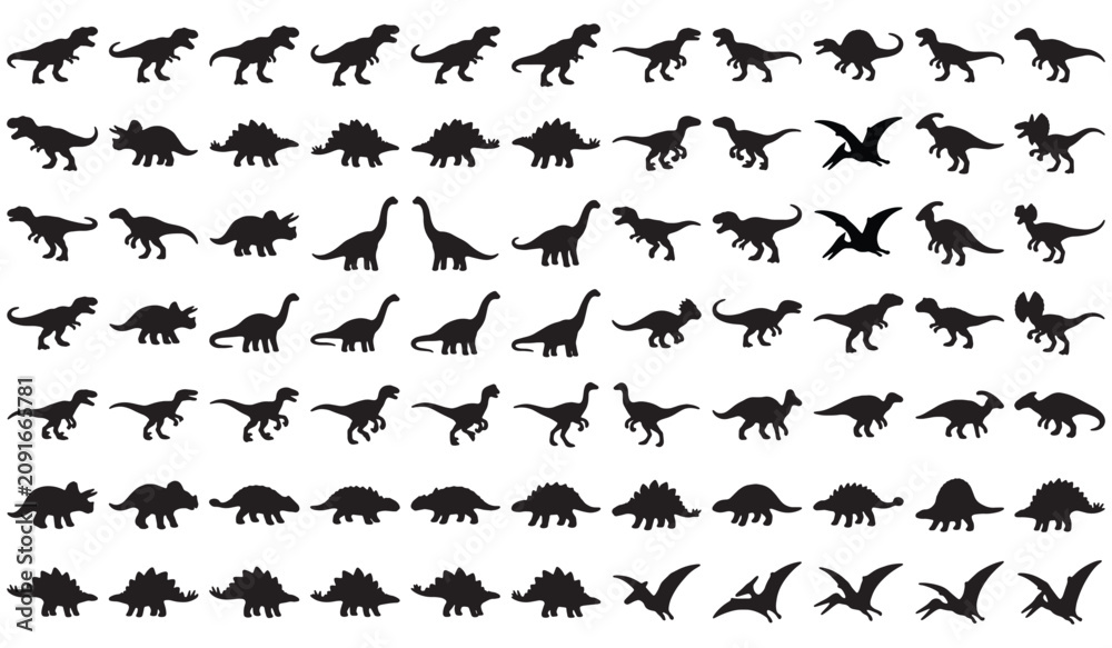 Fototapeta premium 100 Dinosaur Silhouette Bundle Vector Collection with T Rex, Triceratops, Stegosaurus and Prehistoric Dinosaur SVG Set