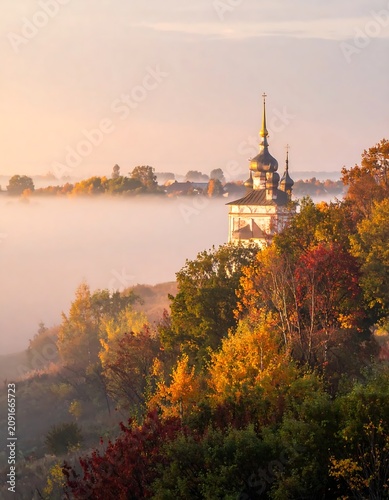 Church Tower Among Autumn Trees with Fog in Valley