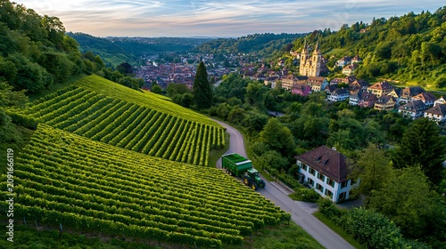 Vineyard tractor harvesting grapes in a picturesque valley with a historic town at sunset