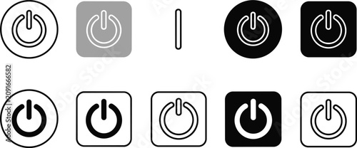 Fotografie Power button icons set with circular and square shapes for electronic devices and system startup control