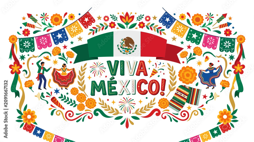 Fototapeta premium Traditional Mexican Celebration Illustration with Folk Dancers and Floral Ornaments