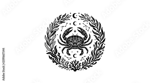 Mystical celestial crab illustration with stars and wreath frame