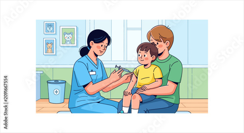 Cuadro en lienzo Nurse administering vaccination to a child held by father.