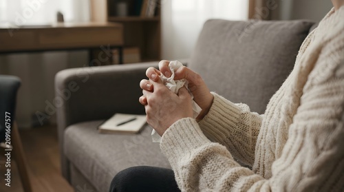 Woman sits on a grey sofa and holds a tissue while feeling very distressed.