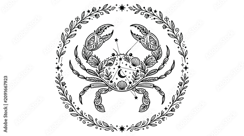 Fototapeta premium Mystical Crab Zodiac Sign Illustration with Floral Wreath and Celestial Elements
