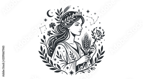 Minimalist celestial woman illustration with wheat and stars