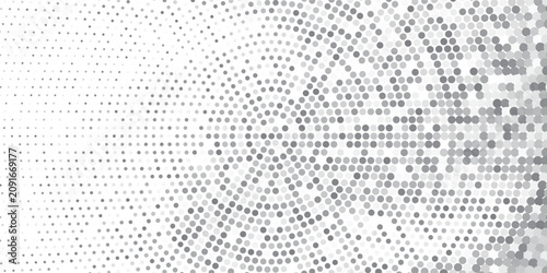 Radial halftone spotted gradient background. Dotted stains concentric texture with fading effect. Black and white circle shade wallpaper.