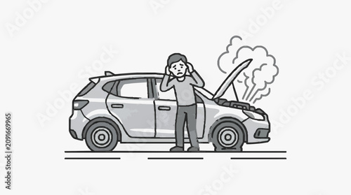 Fotografie Creative Sketch of Frustrated Person Calling for Help Near Broken Down Car with