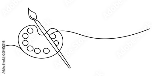 Continuous single line drawing of an artist paint palette and a brush tool for creative design projects isolated on a plain white background Vector, illustration