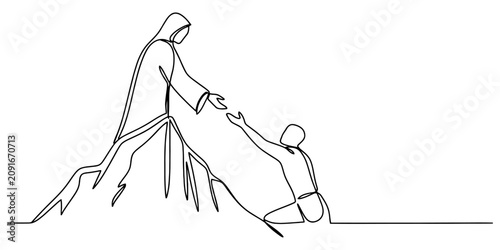 Quadro su tela One continuous line drawing of jesus christ helping a person reaching out to his