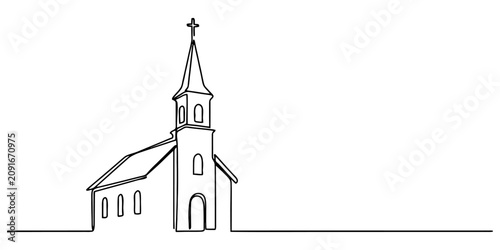 Vászonkép Continuous single line drawing of a simple church building with a cross on top a
