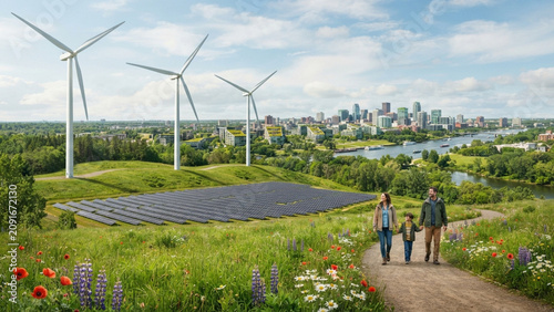 Happy Family Walking on Pathway Overlooking Eco City Skyline and Wind Farm