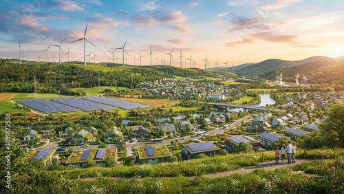 Panoramic View of Eco Smart Village with Solar Roofs and Windmills at Sunset