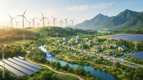 Sustainable Eco Friendly Town Nestled in Green Valley and Mountains Powered by Clean Energy