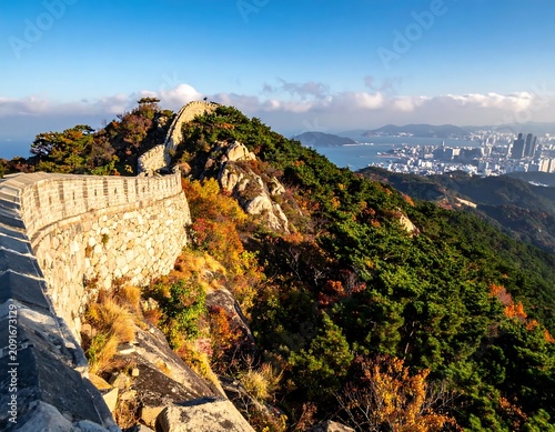 Great Wall Winding Through Autumn Mountains Overlooking a City