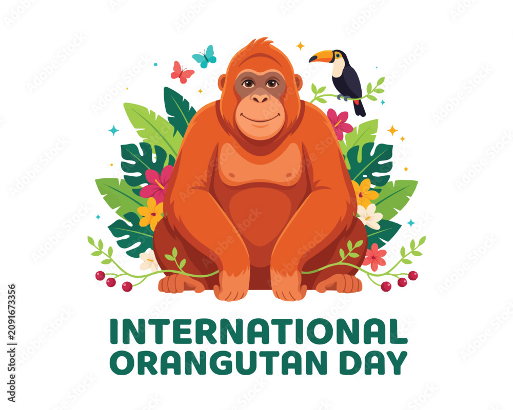 Fototapeta premium International Orangutan Day Vector Illustration, Wildlife Conservation and Primate Awareness Design