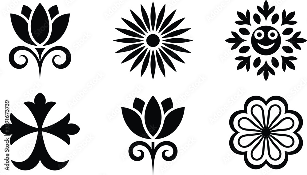 Fototapeta premium Minimalist Black and White Floral Icon Vector Set Featuring Lotus Blooms Daisy Silhouettes and Cute Smiling Sun Flowers for Graphic Brand Identity Designs