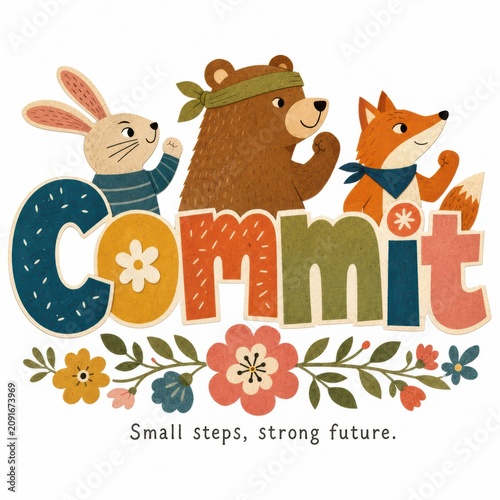 Colorful Illustration of Animals Motivating Each Other with Text Saying Commit and Floral Elements