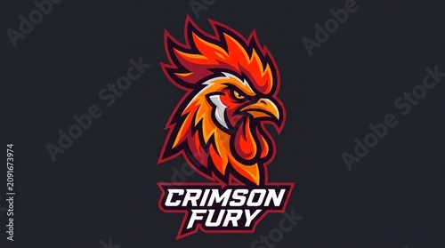 An aggressive esports mascot logo design featuring a fierce, detailed rooster head with a flaming crest and sharp beak above the bold text 