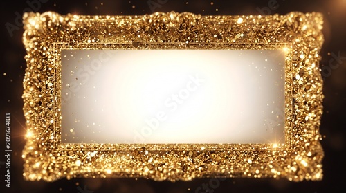A luxurious minimalist vector illustration featuring an elegant rectangular gold glitter border frame with shimmering sparkles, centered over a soft, clean cream white background.