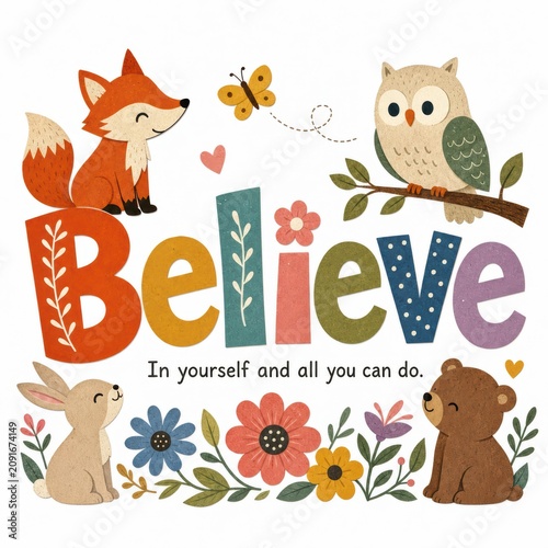 Colorful Illustration Of Cute Woodland Animals Encouraging Self Belief With Flowers And Butterflies