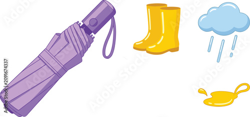 Bild auf Leinwand Rainy day weather elements vector illustration set with folded purple compact um