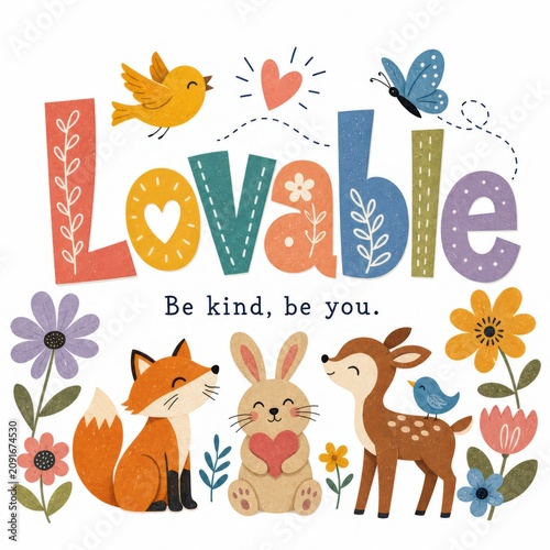 Cute Animals and Colorful Typography with Flowers and Insects Celebrating Kindness