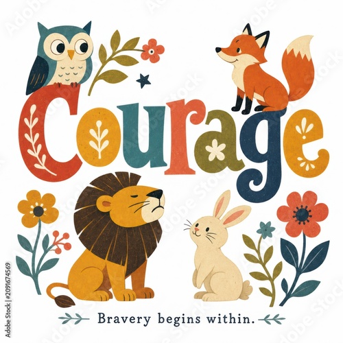 Illustration of Courage Theme Featuring Animals and Colorful Floral Elements