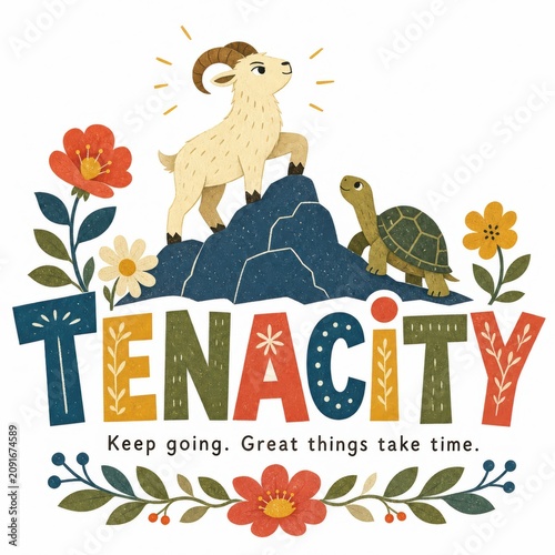 Illustration of a Goat and Turtle Symbolizing Tenacity Surrounded by Flowers and Text