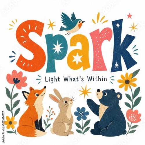 Playful Illustration Featuring A Fox A Rabbit And A Bear Under Colorful Letters In A Bright Floral Setting