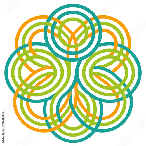 An intricately woven circular pattern featuring vibrant loops, blending shades of orange, green, and blue, evoking a sense of harmony and artistic fluidity.