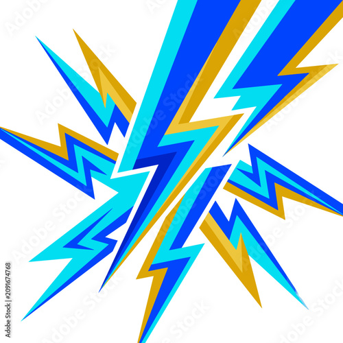 An illustration showcasing a burst of lightning bolts in vibrant blue and gold, representing energy, power, and dynamism, making it ideal for graphic designs and promotional materials.