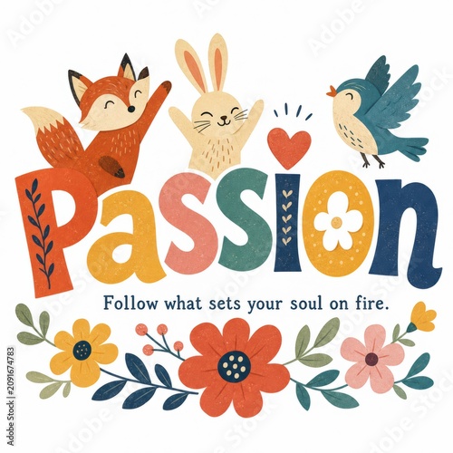 Playful Illustration of a Fox a Rabbit and a Bird with Colorful Text and Floral Elements