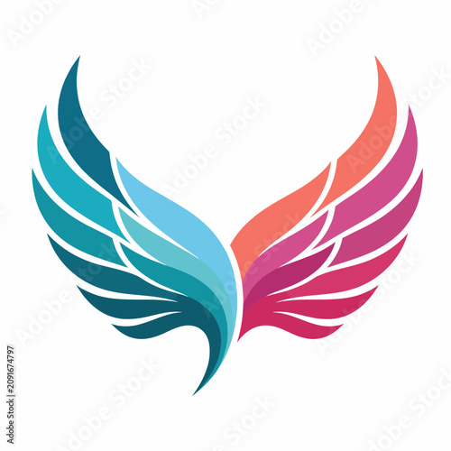 A visually striking design featuring a pair of vibrant wings in smooth flowing lines and gradient colors, symbolizing freedom, ethereal beauty, and artistic creativity.