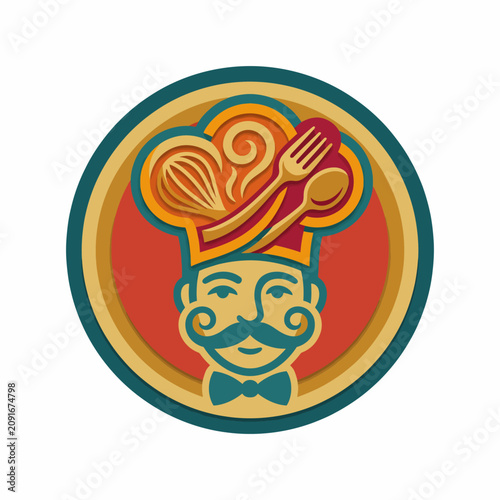This elegant logo design features a classic chef's hat surrounded by cooking utensils, embodying the art of culinary expertise and the joy of preparing delightful dishes.