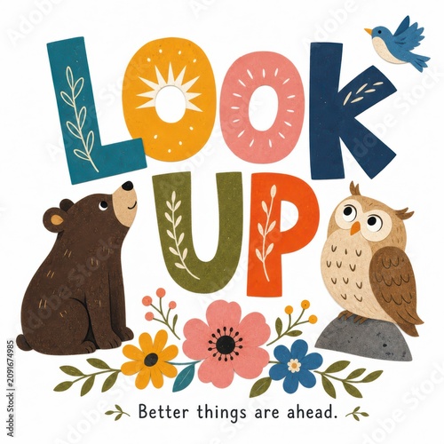 Whimsical Illustration Featuring A Forest Animal and A Bird with Colorful Letters and Floral Accents
