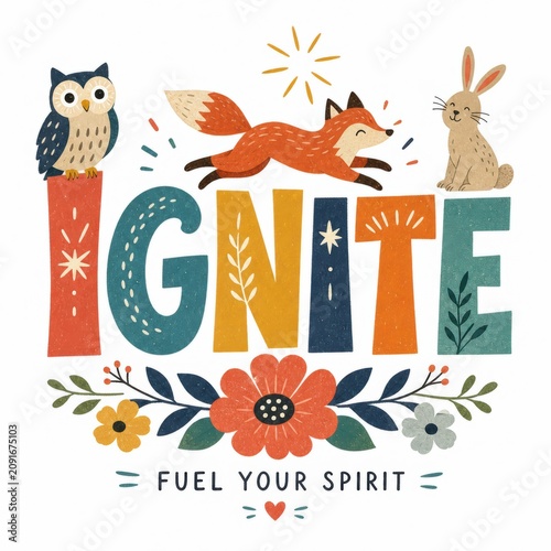 Whimsical Illustration of A Fox Running with An Owl and A Rabbit Surrounded by Floral Elements