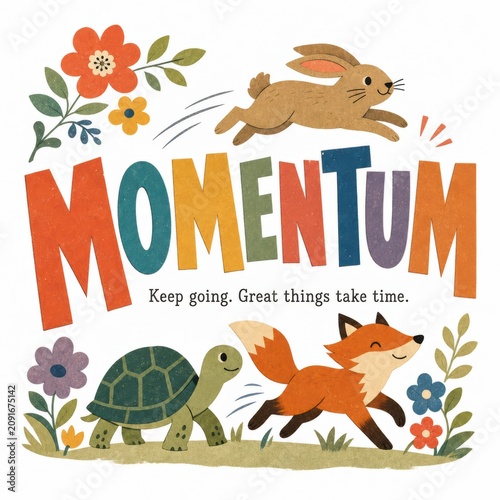 Whimsical Illustration of a Turtle and Fox Running with Vibrant Flowers and Bold Text