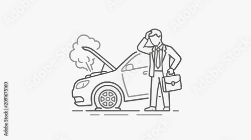 Photos Dynamic Black and White Line Drawing Stressed Professional Near Broken Down Car