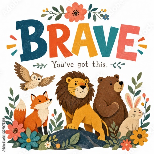 Whimsical Illustration of Diverse Animals with Inspirational Quote on a Floral Background