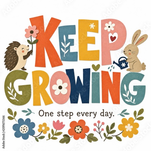 Whimsical Illustration of Hedgehog and Rabbit with Colorful Letters and Flowers